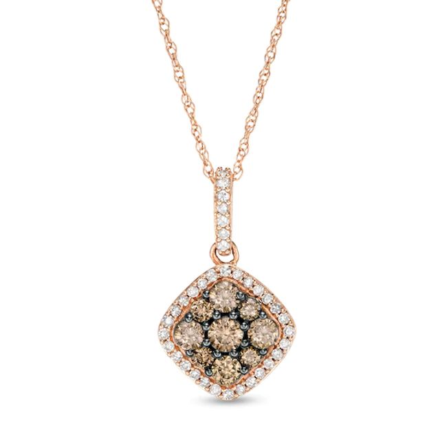 1/2 CT. T.w. Champagne and White Diamond Tilted Cushion Frame Pendant in 10K Rose Gold