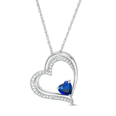 5.0mm Blue Lab-Created Sapphire and Diamond Accent Tilted Heart Pendant in Sterling Silver