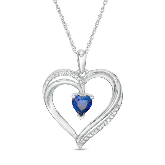 5.0mm Lab-Created Blue Sapphire and Diamond Accent Heart Pendant in Sterling Silver