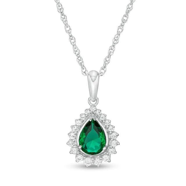 Pear-Shaped Lab-Created Emerald and White Sapphire Shadow Frame Pendant in Sterling Silver