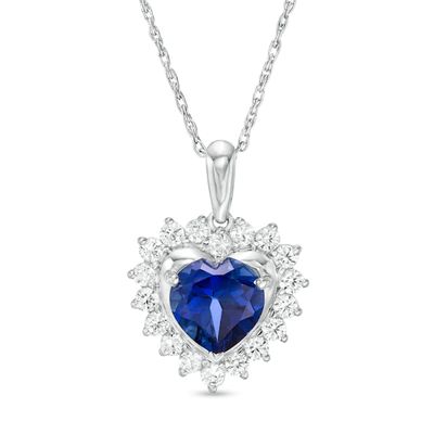 7.0mm Heart-Shaped Lab-Created Blue and White Sapphire Shadow Frame Pendant in Sterling Silver