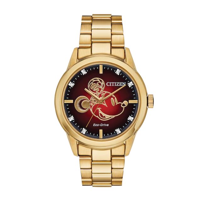 Men's Citizen Eco-DriveÂ® Mickey Mouse Limited Edition Diamond Accent Gold-Tone Watch with Red Dial (Model: Fe7082-53W)