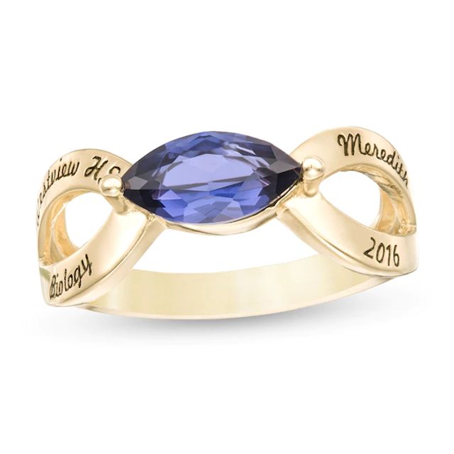 Sideways Marquise Simulated Birthstone Engravable Loop Shank Class Ring (1 Stone and 4 Lines)