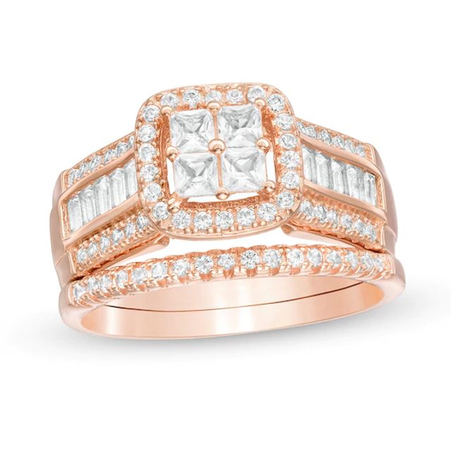 Princess-Cut Quad Lab-Created White Sapphire Frame Bridal Set in Sterling Silver with 14K Rose Gold Plate