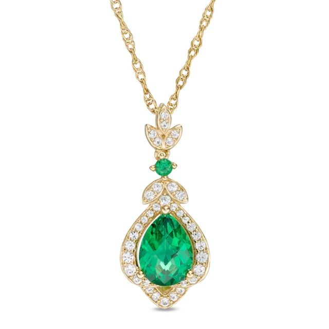 Pear-Shaped Lab-Created Emerald and White Sapphire Lotus Drop Pendant in Sterling Silver with 14K Gold Plate