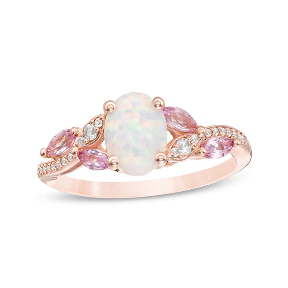 Oval Lab-Created Opal, Pink and White Sapphire Leaf-Sides Bypass Ring in Sterling Silver with 14K Rose Gold Plate