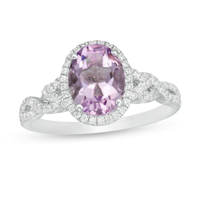 Oval Rose de France Amethyst and 1/3 CT. T.w. Diamond Frame Twist Shank Engagement Ring in 14K White Gold