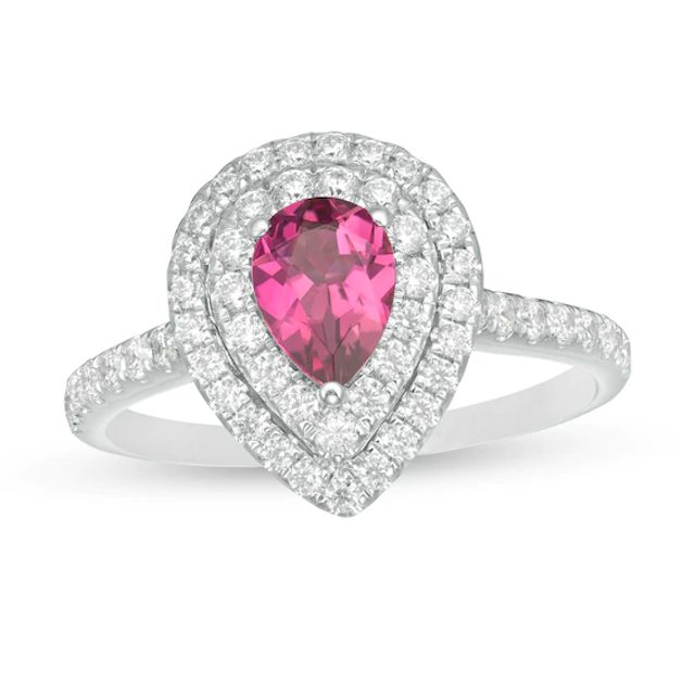 Pear-Shaped Tourmaline and 1/2 CT. T.w. Diamond Double Frame Engagement Ring in 14K White Gold