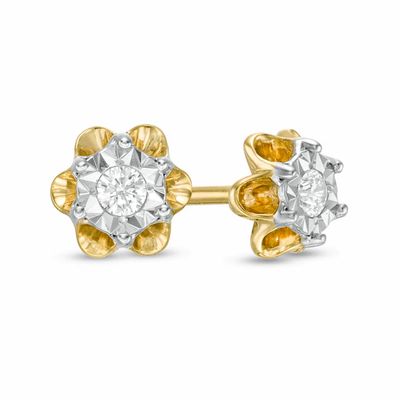 1/15 CT. T.w. Diamond Solitaire Flower Stud Earrings in Sterling Silver with 14K Gold Plate