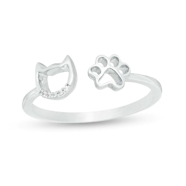 Diamond Accent Cat Outline and Paw Print Open Ring in Sterling Silver