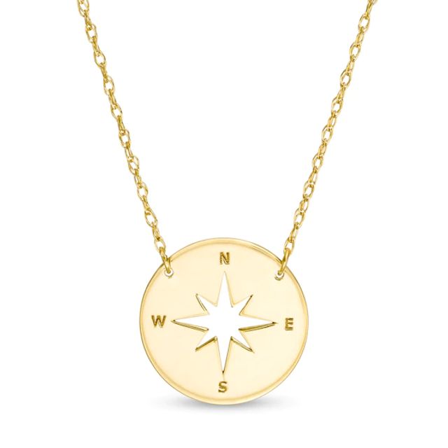 Mini Etched Cut-Out Compass Disc Necklace in 14K Gold