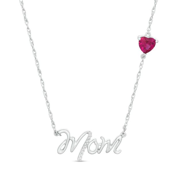 5.0mm Heart-Shaped Lab-Created Ruby and Diamond Accent Mom Script Necklace in Sterling Silver