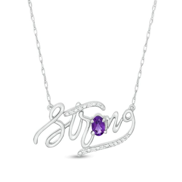 Oval Amethyst and Diamond Accent "Strong" Script Necklace in Sterling Silver