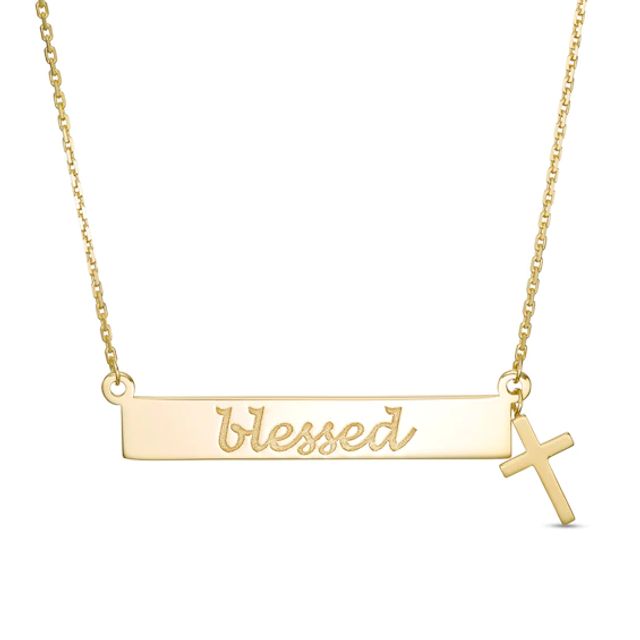 "blessed" Horizontal Bar and Cross Charm Necklace in 14K Gold