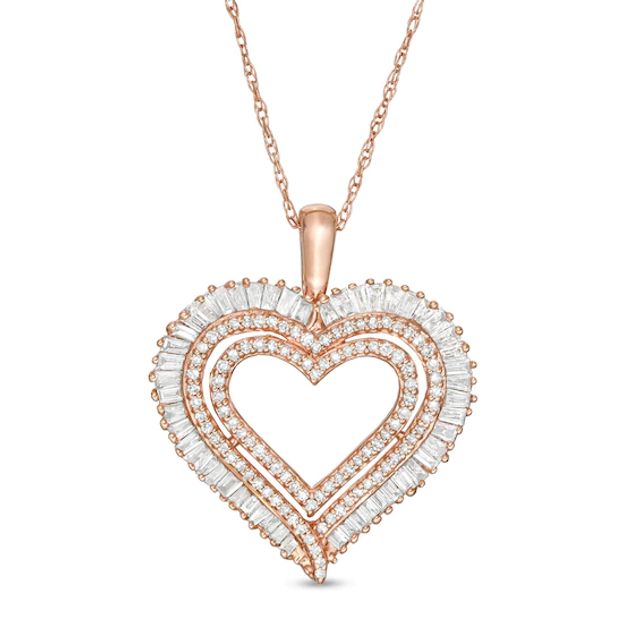 1/2 CT. T.w. Baguette and Round Diamond Multi-Row Heart Pendant in 10K Rose Gold