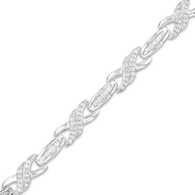 1 CT. T.w. Baguette and Round Diamond "X" Link Bracelet in 10K White Gold - 7.25"