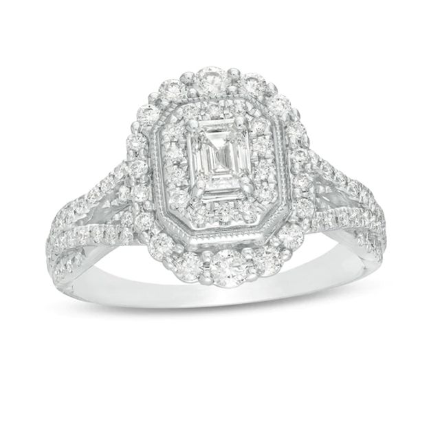 1 CT. T.w. Emerald-Cut Diamond Double Octagonal Frame Split Shank Vintage-Style Engagement Ring in 14K White Gold