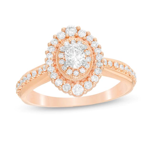 5/8 CT. T.w. Oval Diamond Double Frame Vintage-Style Engagement Ring in 10K Rose Gold