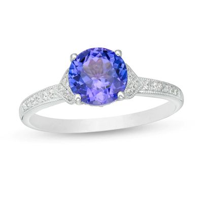 7.0mm Tanzanite and 1/10 CT. T.w. Diamond Heart-Sides Vintage-Style Engagement Ring in 14K White Gold