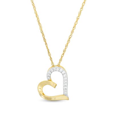 1/10 CT. T.w. Diamond Tilted Ribbon Heart Pendant in 10K Gold