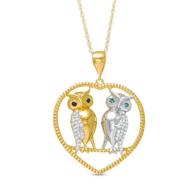 1/8 CT. T.w. Enhanced Black, Blue and White Diamond Perched Owls Heart Pendant in Sterling Silver and 14K Gold Plate