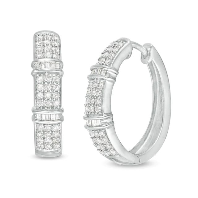 1 CT. T.w. Baguette and Round Diamond Triple Line Hoop Earrings in Sterling Silver