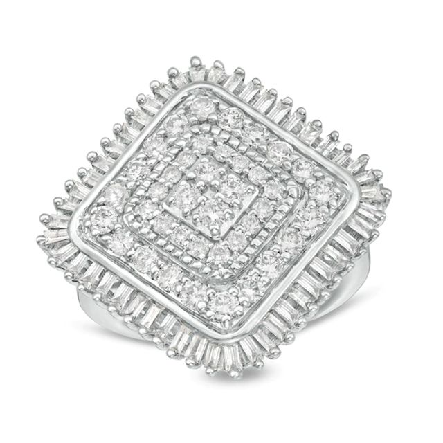 2 CT. T.w. Baguette and Round Composite Diamond Cushion Frame Ring in Sterling Silver