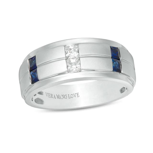 Vera Wang Love Collection Men's 1/4 CT. T.w. Square-Cut Diamond and Blue Sapphire Wedding Band in 14K White Gold