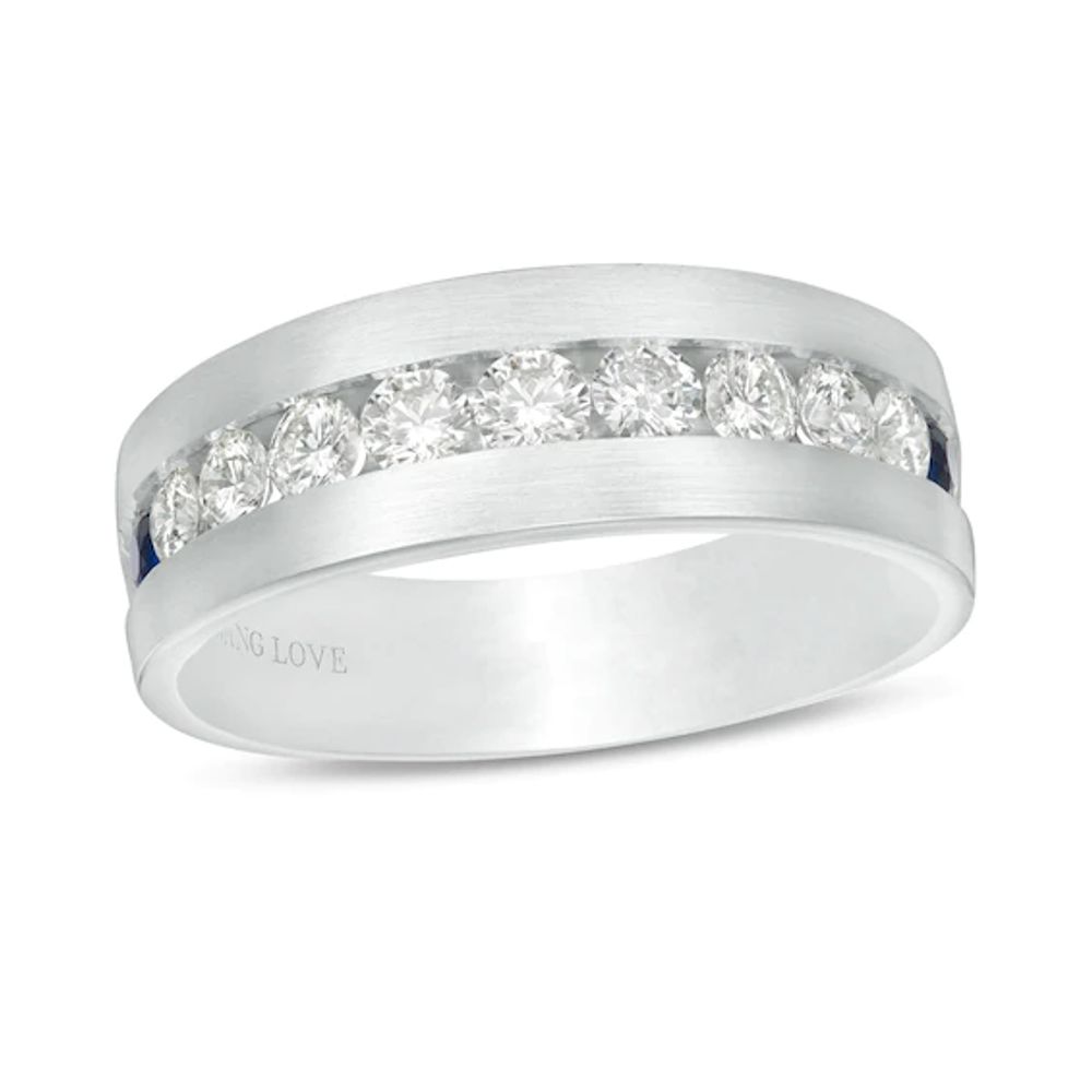 Vera Wang Love Collection Men's 1 CT. T.w. Diamond and Blue Sapphire Eleven Stone Wedding Band in 14K White Gold