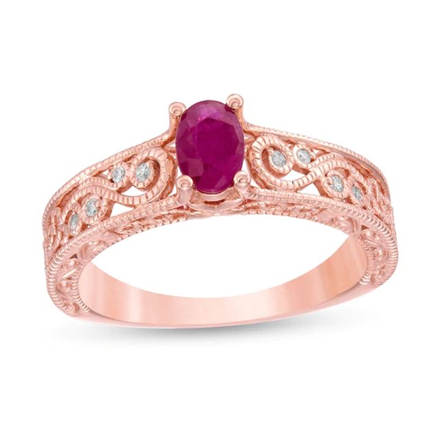 Oval Ruby and 1/20 CT. T.w. Diamond Scroll Open Shank Vintage-Style Ring in 10K Rose Gold