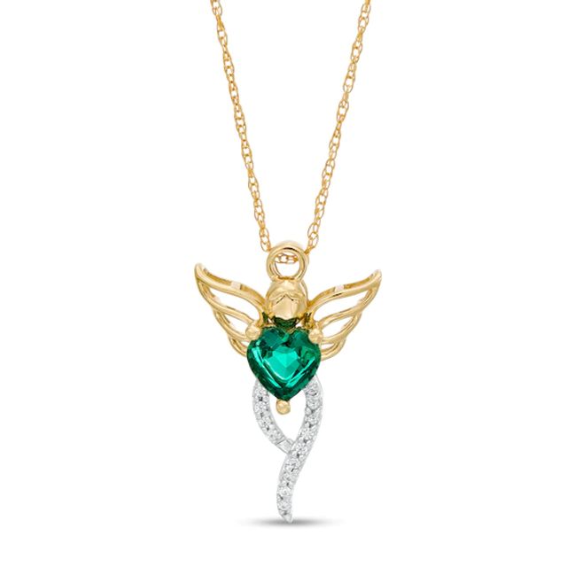 5.0mm Heart-Shaped Lab-Created Emerald and 1/20 CT. T.w. Diamond Angel Pendant in 10K Gold