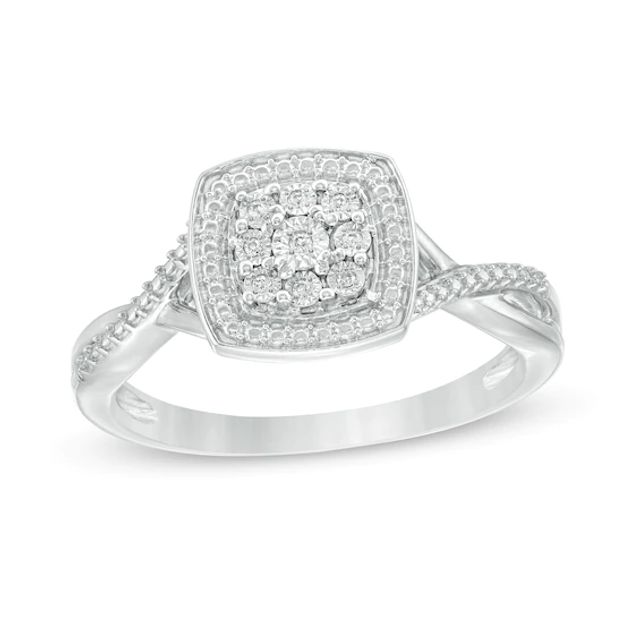 Composite Diamond Accent Bead Cushion Frame Promise Ring in Sterling Silver