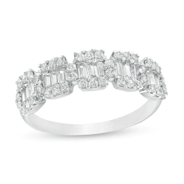 3/4 CT. T.w. Baguette and Round Diamond Composite Five Stone Ring in 10K White Gold