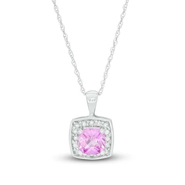 6.0mm Cushion-Cut Lab-Created Pink Sapphire and 1/8 CT. T.w. Diamond Frame Pendant in 10K White Gold