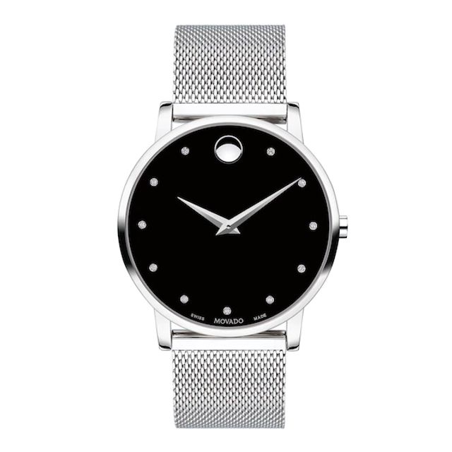 Men's Movado MuseumÂ® Classic Diamond Accent Silver-Tone Mesh Watch with Black Dial (Model: 607511)