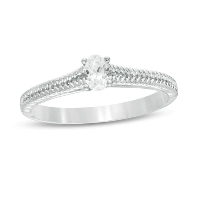 1/5 CT. Oval Diamond Solitaire Ribbed Shank Promise Ring in 14K White Gold