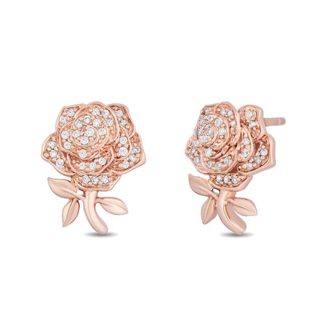 Enchanted Disney Belle 1/10 CT. T.w. Diamond Rose Stud Earrings in 10K Rose Gold