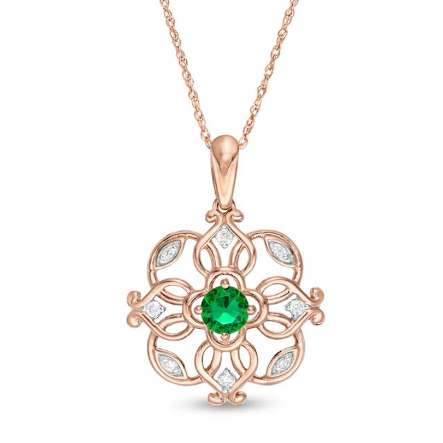 4.0mm Lab-Created Emerald and 1/20 CT. T.w. Diamond Filigree Clover Pendant in 10K Rose Gold