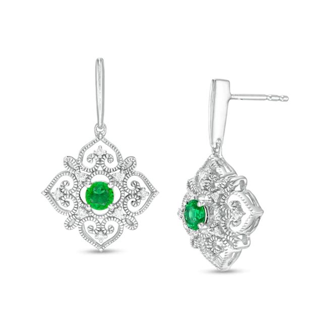 3.5mm Lab-Created Emerald and 1/20 CT. T.w. Diamond Filigree Heart Vintage-Style Kite Drop Earrings in Sterling Silver