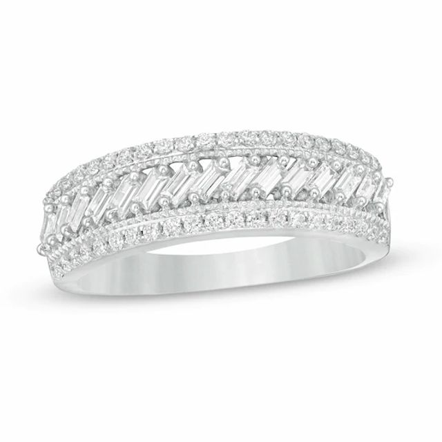 1/2 CT. T.w. Baguette and Round Diamond Slant Multi-Row Band in 14K White Gold