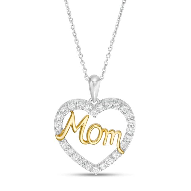 White Lab-Created Sapphire Mom Heart Pendant in Sterling Silver and 14K Gold Plate