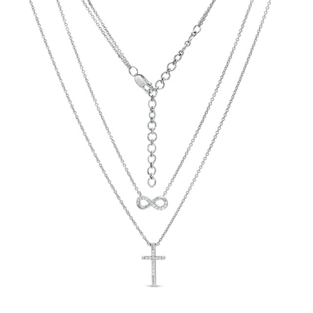1/10 CT. T.w. Diamond Infinity and Cross Double Strand Necklace in Sterling Silver
