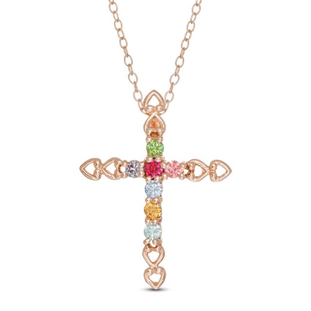 Mother's Birthstone Heart Outline Cross Pendant (3-7 Stones)