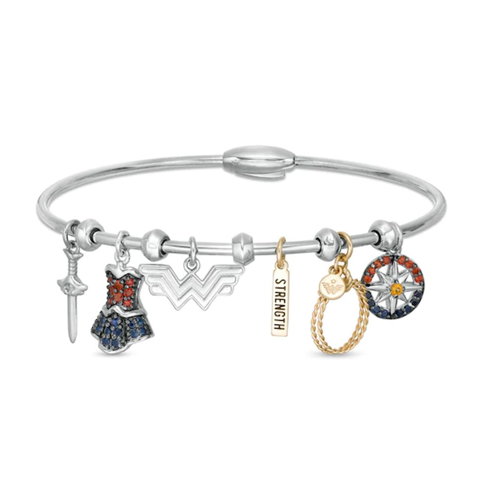 Wonder Woman⢠Collection Multi-Gemstone Charm Bangle Bracelet in Sterling Silver and 10K Gold