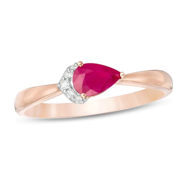 Sideways Pear-Shaped Ruby and Diamond Accent Tiara Tapered Shank Ring in 10K Rose Gold