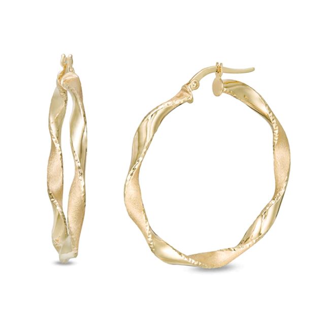 Made in Italy 30.0mm Diamond-Cut and Satin Twist Hoop Earrings in 14K Gold