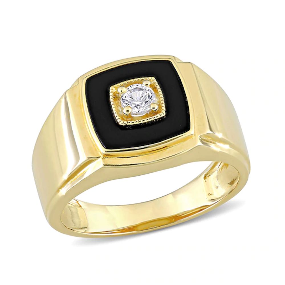 Men's 10.0mm Cushion-Cut Onyx and Lab-Created White Sapphire Stepped Edge Ring in Sterling Silver with Yellow Rhodium