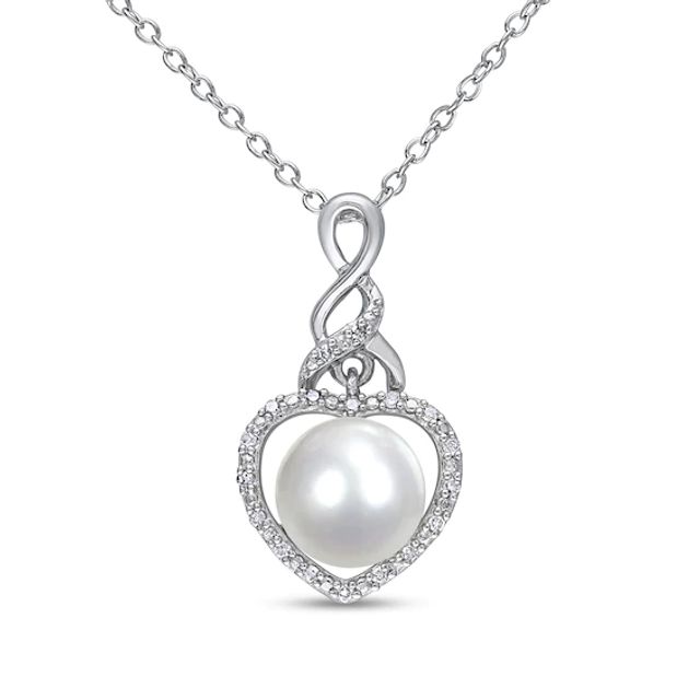 Button Cultured Freshwater Pearl and 1/15 CT. T.w. Diamond Heart Frame Cascading Twist Drop Pendant in Sterling Silver