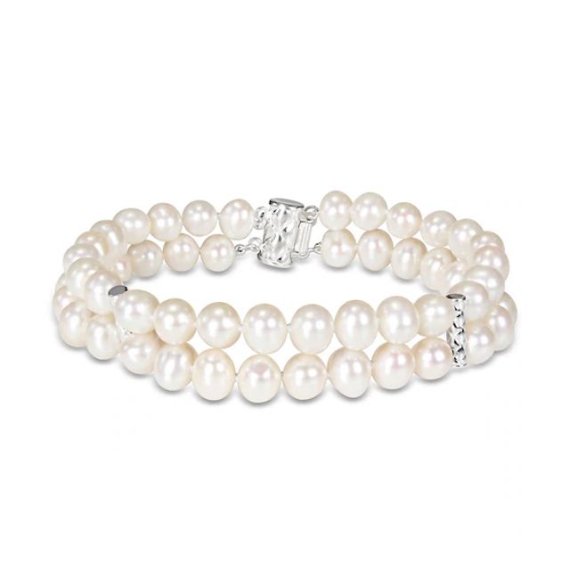 6.5-7.0mm Cultured Freshwater Pearl Barrel Station Double Strand Bracelet in Sterling Silver - 7.5"