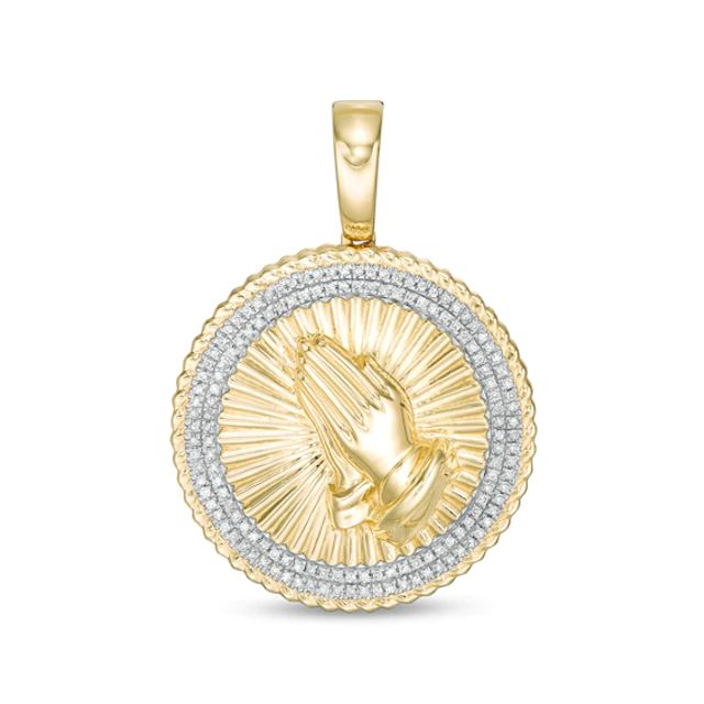 Men's 1/5 CT. T.w. Diamond Textured Rope Triple Frame Praying Hands Medallion Necklace Charm in 10K Gold